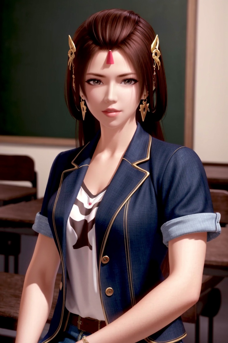((HRD, HUD, 8K)),((masterpiece, best quality)), highly detailed,1girl, solo, forehead mark, brown hair, hair ornament, hair rings, long hair, brown eyes, lips, jewelry, earrings, (t-shirt:1.2), (blazer:1.2), denim shorts,blurry background, classroom, chalkboard, sitting, cowboy shot, looking at viewer, <lora:20240513-1715564123441:0.7>