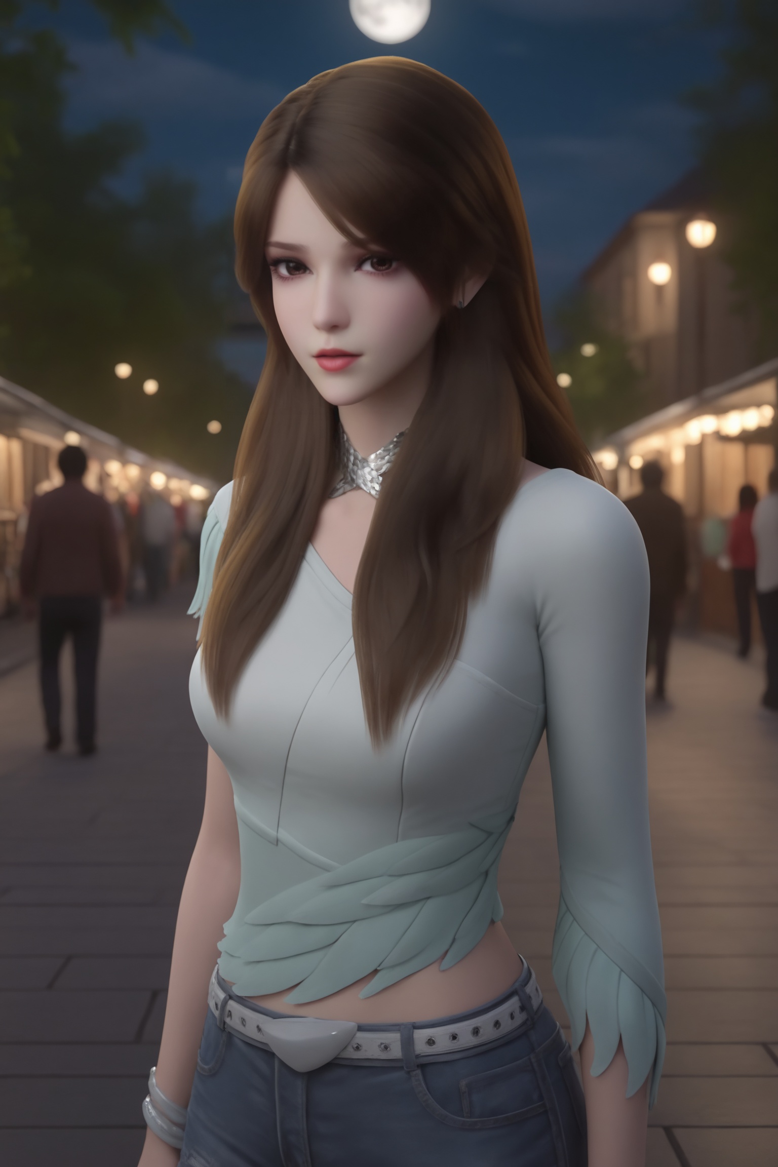 1girl,solo,shiny,shiny_hair,score_9,upper_body,fair_skin,white_skin,shiny_skin,shiny,Ivory_skin,looking at viewer,cinematic lighting,volumetric lighting,solo focus,blurry background,depth of field,night,sky,night sky,full moon,moonlight,<lora:暗界神使-白雉-ILL:0.7>,long,straight,brown hair,silver choker necklace,light mint green,off-the-shoulder top,chiffon-like texture,and high-waisted,distressed denim shorts.,