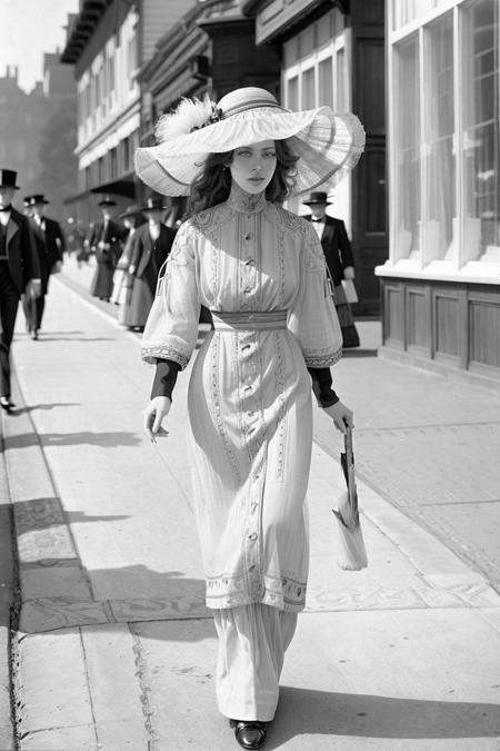 1910 vintage photo of evelynnobodysd15 wearing a plain dress and small straw hat walking down the sidewalk 1910_dr3ss on T...