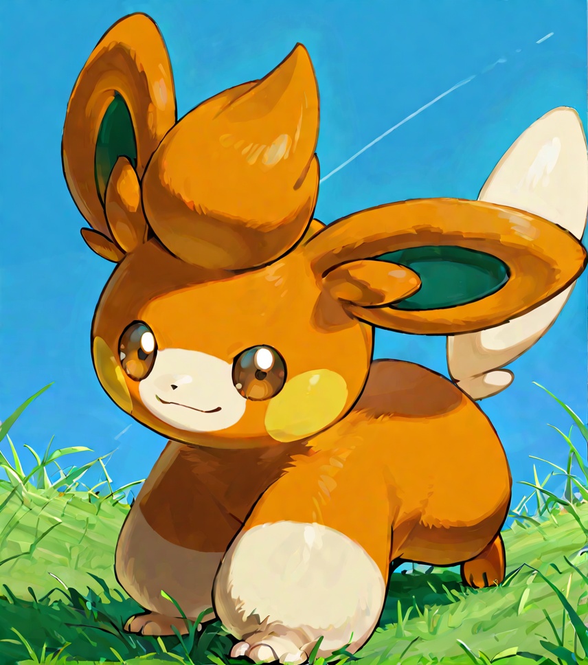 Masterpiece,high quality,full body,pokemon \(creature)\,solo,no humans,pawmi,no humans,pokemon \(creature\),solo,outdoors,smile,grass,closed mouth,day,sky,brown eyes,blue sky,<lora:pawmi XL:1>,score_9,score_8 up,