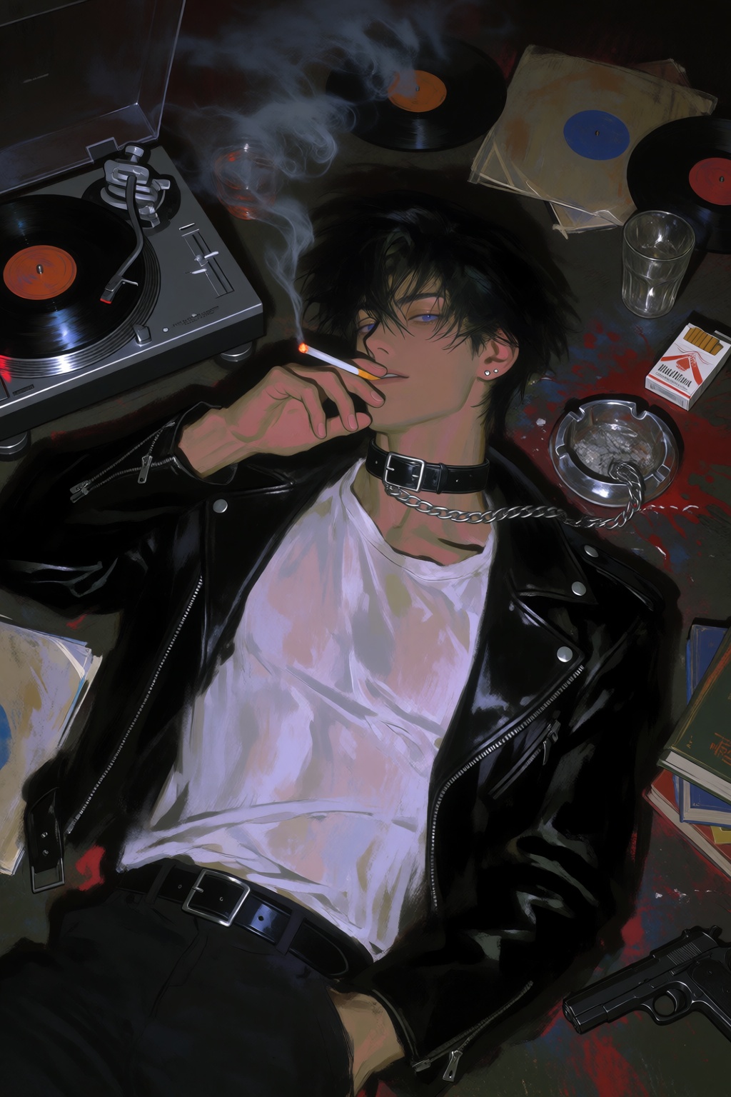 A moody,  highly detailed image viewed from a high angle,  looking down at an edgy young man lying on his back. He has mes...