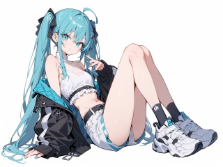 best quality, girl, solo, long hair, socks, twintails, very long hair, shorts, simple background, white background, sitting, jacket, shoes, sneakers, looking at viewer, shirt, holding, blue eyes, hair between eyes, belt, closed mouth, white shirt, fingernails, blue hair, hair ornament, ribbon, smile, aqua hair, full body, off shoulder,long sleeves, nail polish, turtleneck, crop top, open jacket, hair ribbon, eyelashes, alternate costume, bangs, aqua eyes, see-through, open clothes, midriff, white footwear, frills, sleeveless, bare shoulders, collarbone, sidelocks, from side, looking to the side, ahoge,  sleeves past wrists