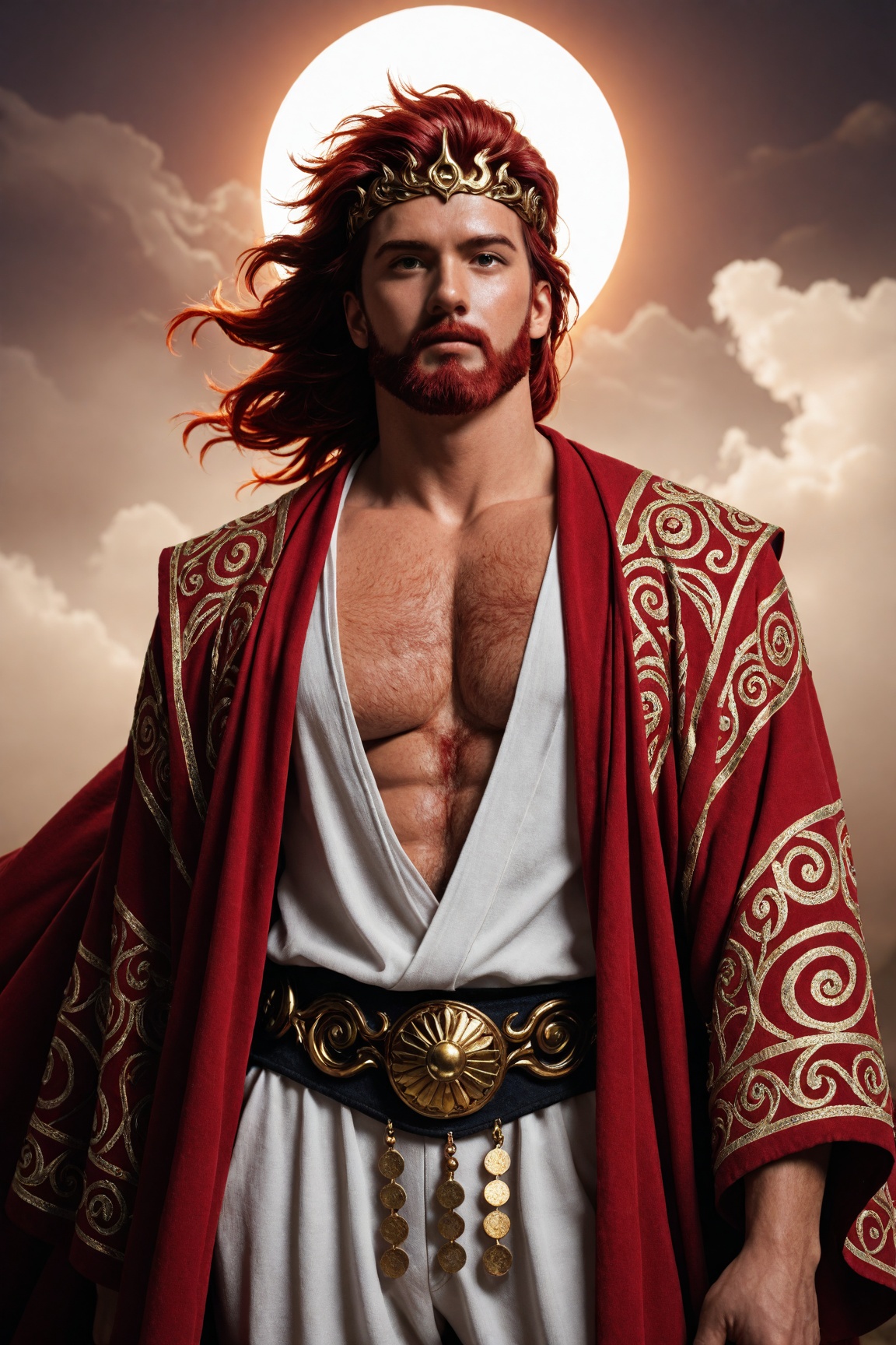 masterpiece,  best quality,  face portrait of Helios the god of the sun shrouded in mysterious swirls of magic in the sky...