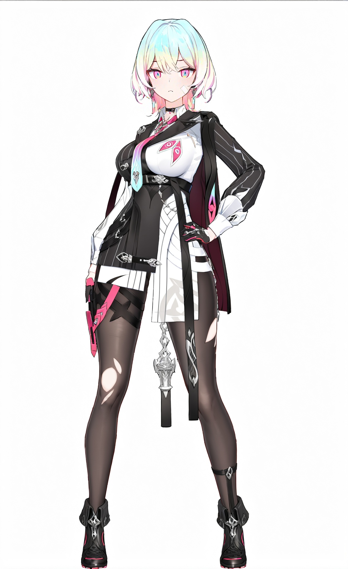 score_9, score_8_up, score_7_up, score_6_up, 8k, 8k, best quality, masterpiece, (ultra-detailed), (high detailed skin), white background, simple background, (full body), (white background), standing, looking at viewer, (solo), hand on hip, <lora:Lantern-A3-Tanger:0.8>, dengsfl, def clothes, multicolored hair, 1girl, multicolored eyes, gloves, pantyhose, black footwear, 