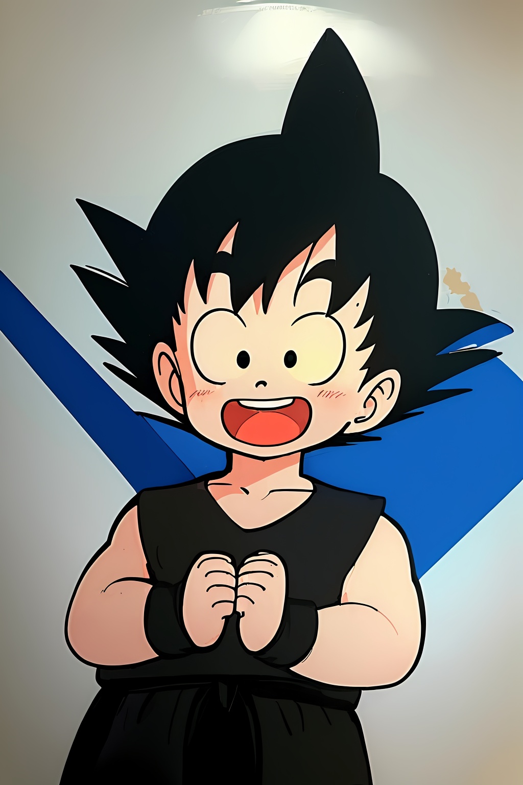 1 boy,1boy,:d,arms at sides,black eyes,black hair,clenched hand,clenched hands,close-up,clothes writing,d:,dougi,fingernails,happy,looking at viewer,male focus,open mouth,orange background,smile,solo,son goku,spiked hair,upper body,wristband，<lora:蔚蓝Blue小悟空2.0:0.8>
