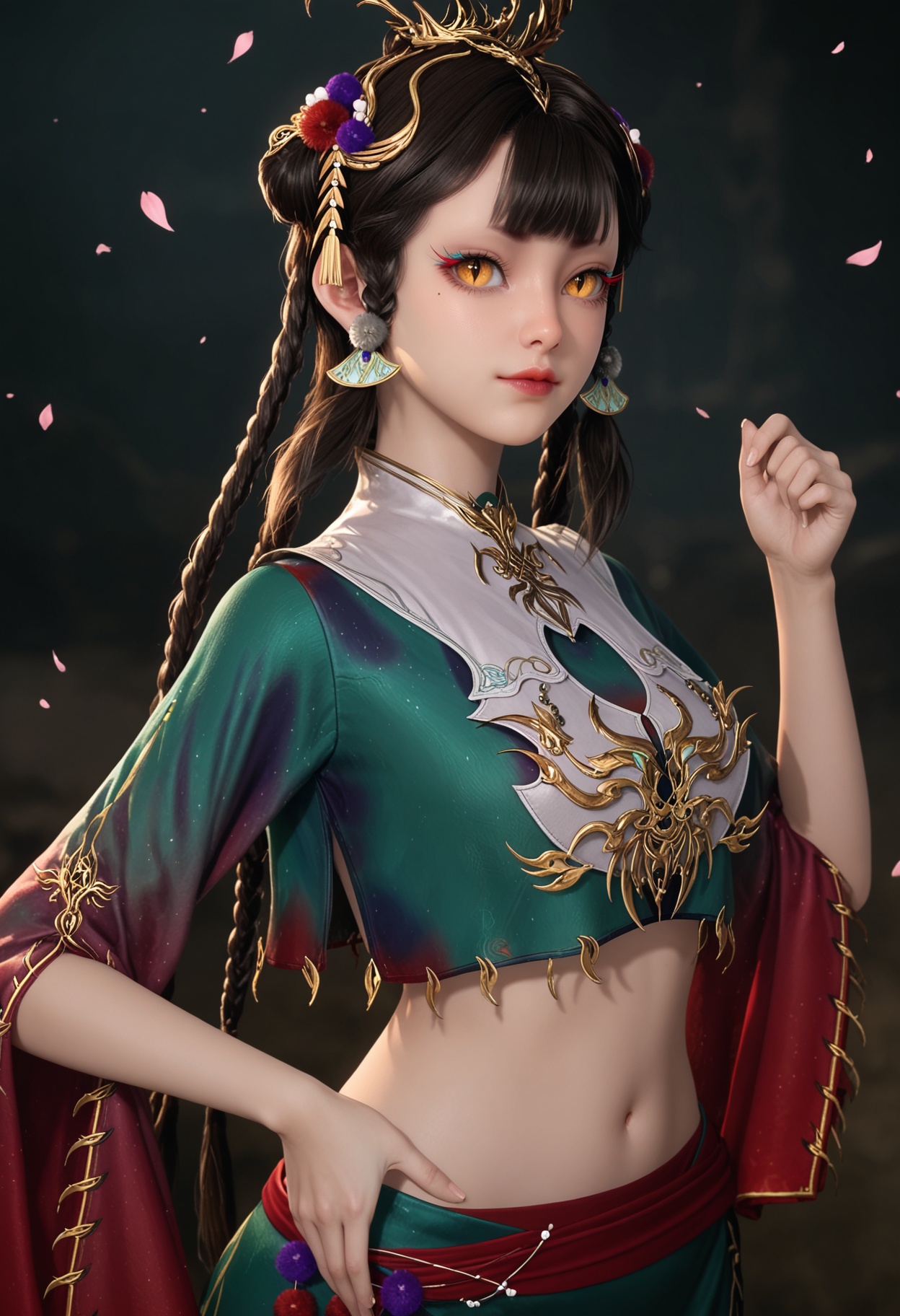 (upper_body:1.2),looking at viewer:1.1,masterpiece,(best quality),smog,Dark room,dim lighting,peach blossom,falling petals,<lora:YQ_Illustrious光辉v5_仙清儿_V1:0.8>,q1528437228,1girl,solo,hair ornament,black hair,braid,long hair,jewelry,makeup,earrings,chinese clothes,eyeshadow,mole under eye,brown hair,crop top,dress,yellow eyes,skirt,brown eyes,hair bun,hair rings,twin braids,multiple braids,double bun,green dress,blunt bangs,hair flower,long sleeves,red footwear,slit pupils,