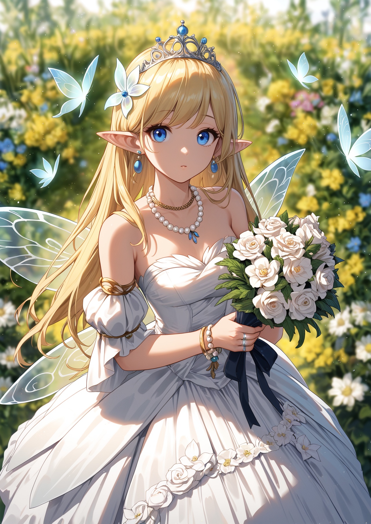 score_10,score_9,score_8_up,score_7_up,1girl,jewelry,solo,flower,blurry background,wings,blurry,dress,holding,blue eyes,bouquet,ring,long hair,earrings,detached sleeves,white dress,looking at viewer,holding flower,blonde hair,necklace,bare shoulders,holding bouquet,bracelet,fairy wings,hair ornament,tiara,white flower,beads,fairy,depth of field,looking_at_viewer,eye-contact,