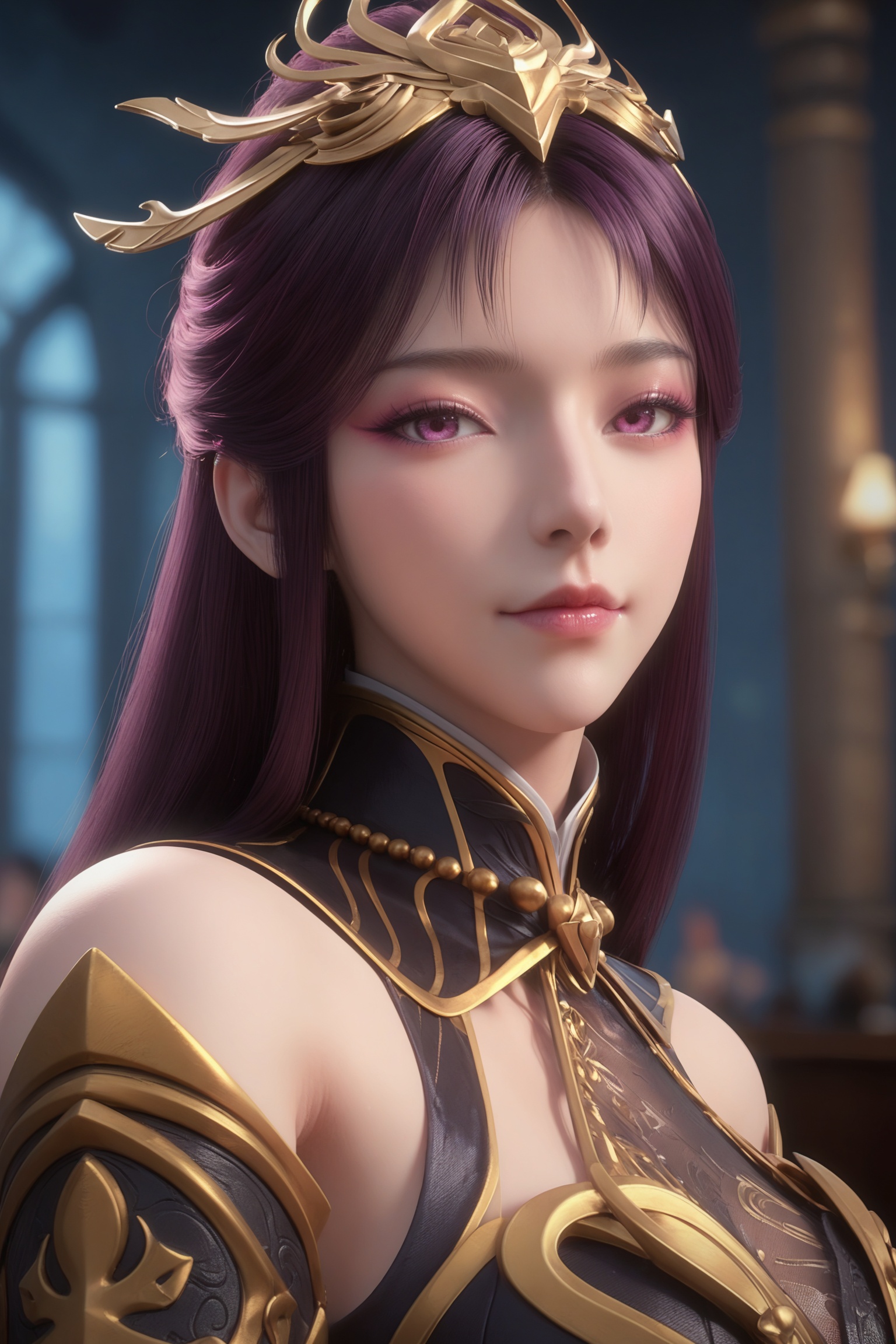 realistic style photo outstanding style,tall,cute,in her teens. Use soft lighting to cast gentle shadows on the subject,adding a touch of dimension to your images without compromising details,score_9,score_8_up,score_7_up,looking at viewer,upper body,<lora:百炼成神-毒血夫人Pony:0.6>,long,flowing,dark purple hair with a slight reddish tint,a highly ornate,high-collared,form-fitting bodysuit,predominantly black and gold,with intricate,flowing patterns and a high degree of detailing.,