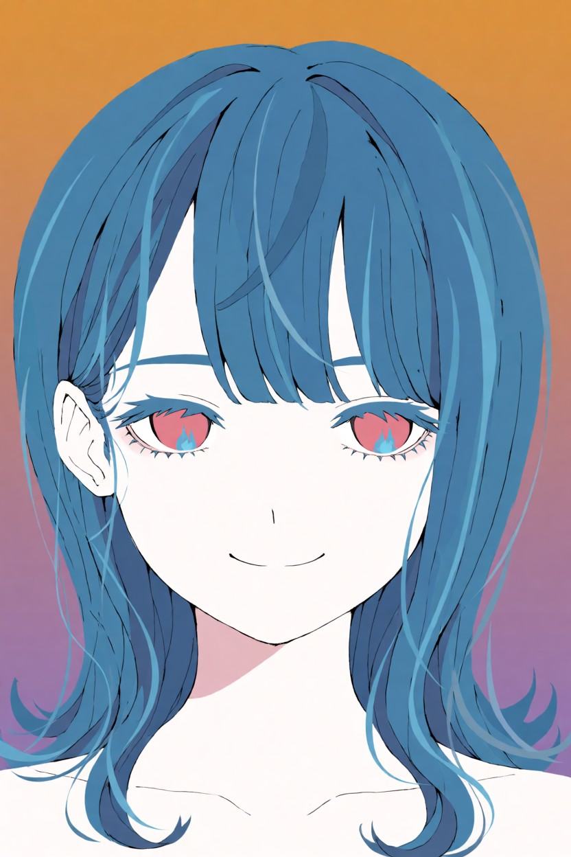 a portrait of ncg. Flat 2D anime-style illustration,  close-up. Blue hair with fine,  interwoven strands and hair clips. H...