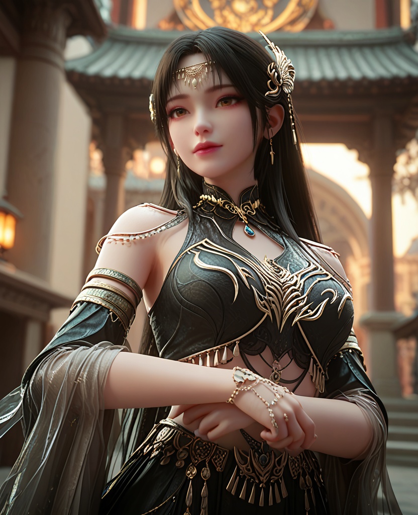 (oriental architecture, elegant decor, sophisticated style:1.1),arms crossed,(breasts:1.2),<lora:XL完美世界灰烬:0.85>,miss huijin,solo,black silk corset,detached chiffon sleeves,black chiffon overskirt,brown eyes,black hair,long hair,circlet,head chain,jewelry,leg tattoo,lips,, zPDXL2, score_9, score_8_up, score_7_up BREAK realistic, masterpiece,best quality, highly detailed,, zPDXL3, zPDXL2,zPDXL, zPDXLxxx, zPDXLrl,