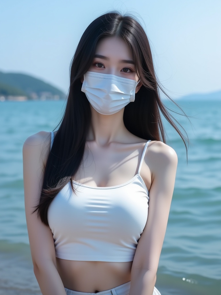 wear mask,A long black hair Asian woman wearing a mask,wearing a short skirt,blur background,outdoor,sea,cleavage,