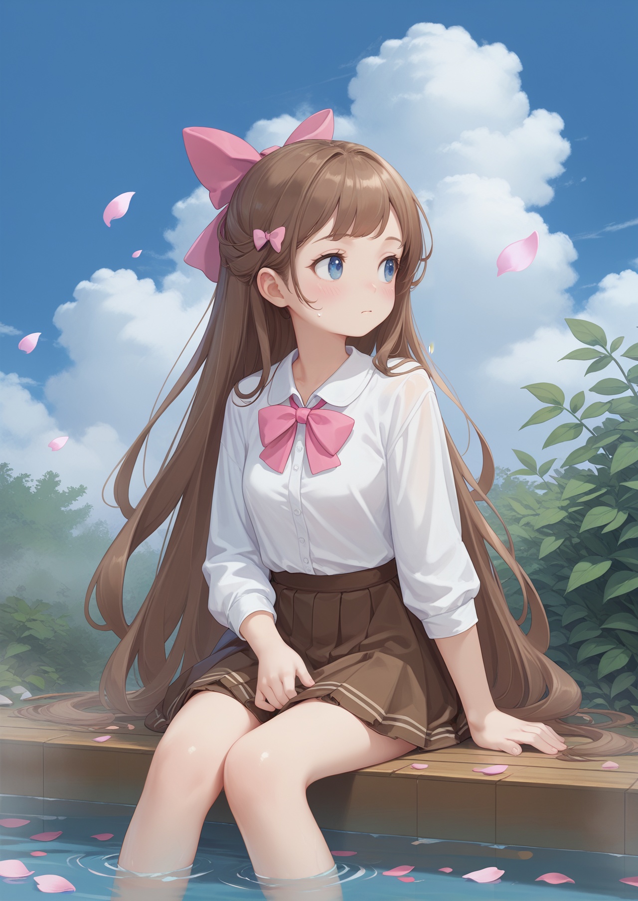 score_10,score_9,score_8_up,score_7_up,1girl,solo,soaking feet,long hair,blue eyes,hair bow,bow,sitting,water,pink bow,brown hair,skirt,blush,petals,day,sky,brown skirt,shirt,hair ornament,very long hair,cloud,looking to the side,outdoors,blue sky,white shirt,:o,
