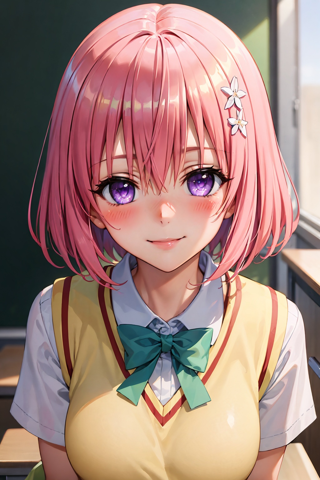 (best quality:1.1), (masterpiece:1.4), (absurdres:1.0), portrait, close up,1girl, momo velia deviluke, hair ornament, bob cut, short hair pink hair, purple eyes, medium breasts, yellow school uniform, looking at viewer, classroom, (blush:1.2), smile, <lora:Kizuki - To Love Ru - Momo Velia Deviluke:0.95>