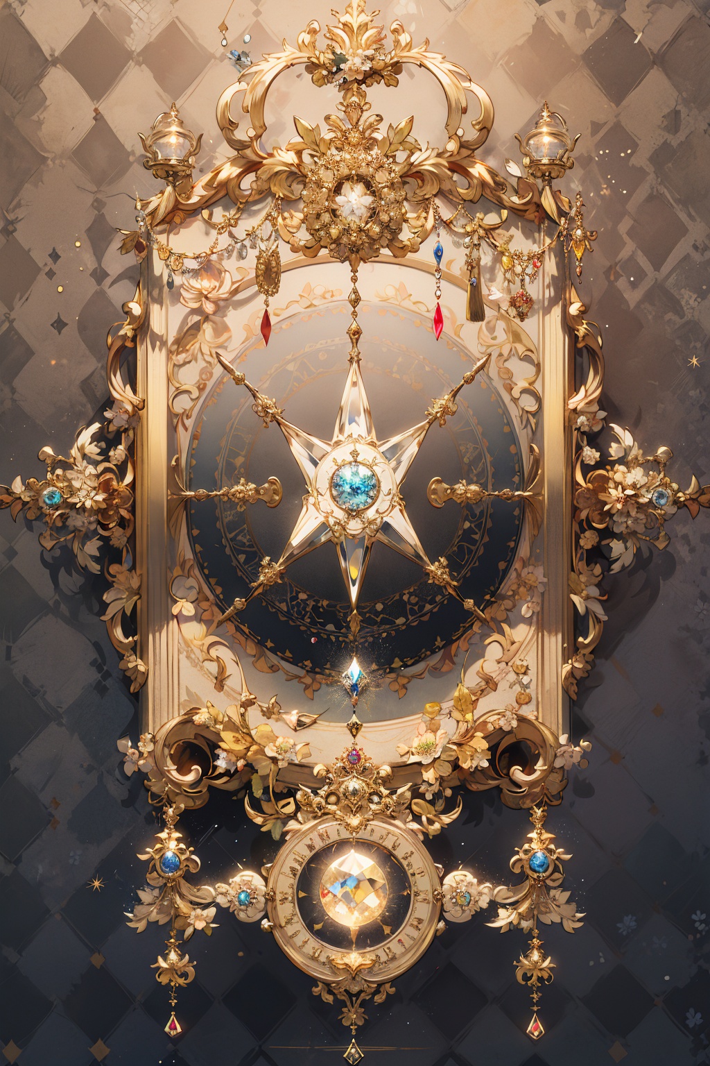 masterpiece,best quality,no humans,gold line,gold,argyle,argyle background,gem,glowing,gold trim,jewelry,magic circle,symbol,crystal,fantasy,still life,badge,