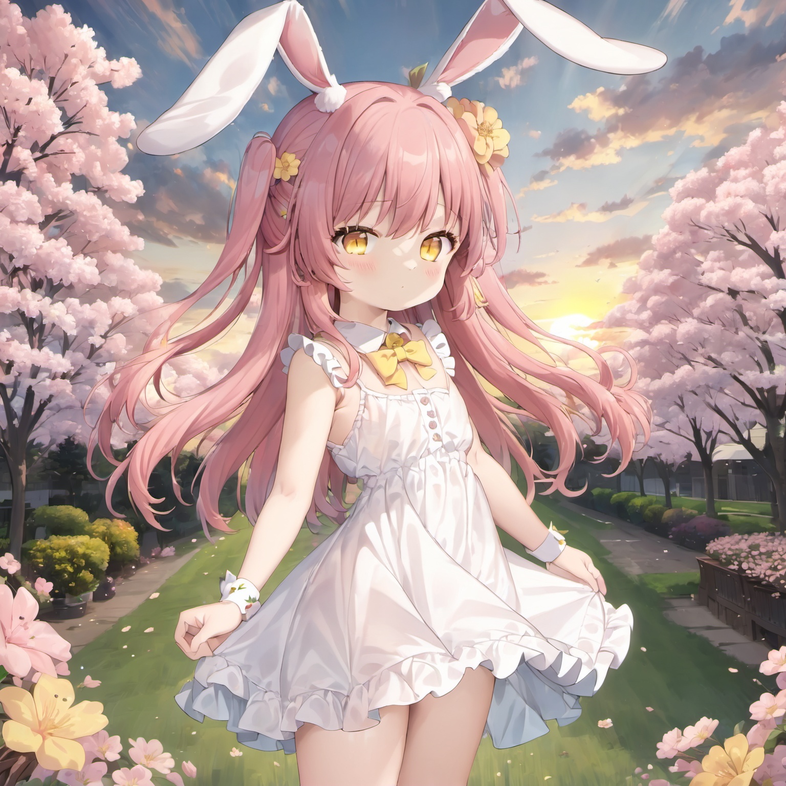 <lora:rabbit_girl_xl_v1:0.8>,1girl,full body,long hair,looking at viewer,blush,bangs,hair ornament,dress,bow,brown eyes,standing,yellow eyes,pink hair,braid,flower,thighs,cowboy shot,outdoors,frills,sky,sleeveless,cloud,hair flower,bowtie,white dress,wrist cuffs,sleeveless dress,frilled dress,pink bow,cherry blossoms,pink flower,sunset,skirt hold,