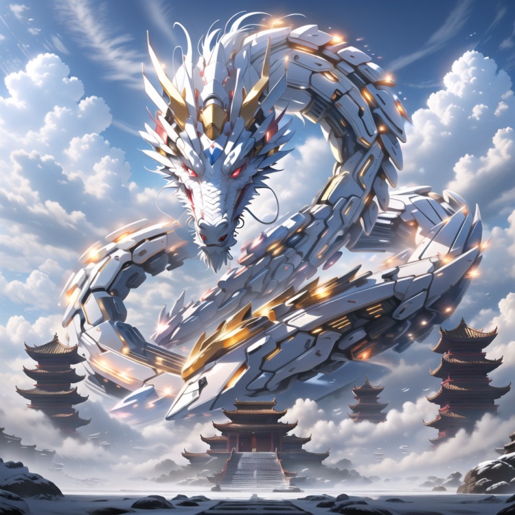 <lora:mecha_loong_v2:0.6>,a mecha dragon,8k, High quality, high quality, morning sunshine, glowing body, mechanical joint, orange led light, high detailed mecha, high-precision mecha, mecha, exoskeleton mechanical armor, mecha dragon, a dragon is flying through the air with clouds in the background and a building in the foreground with a sky background, red eyes, outdoors, horns, sky, growing joint, day, cloud, blue sky, no humans, glowing, cloudy sky, scenery, dragon, architecture, east asian architecture, eastern dragon, pagoda, building, flying, jet device, high detailed, white mecha, HD, black joint