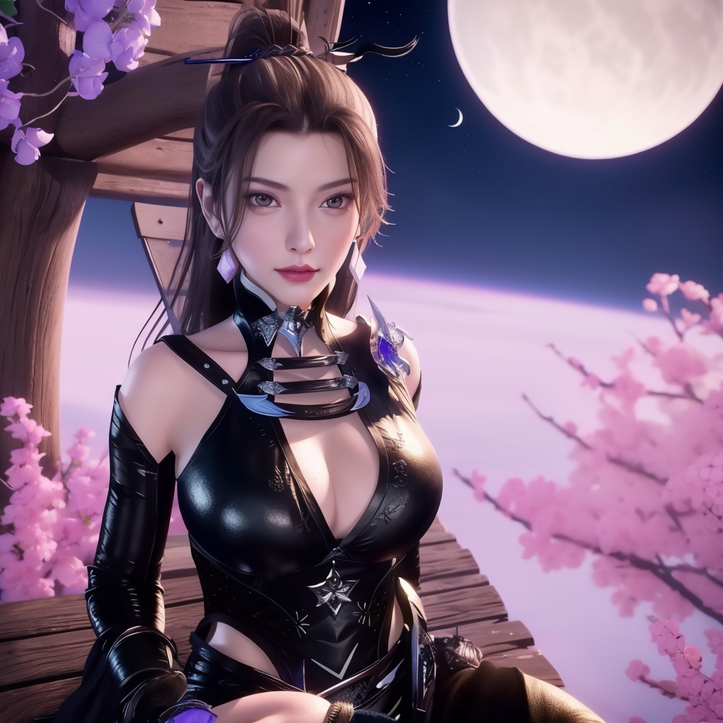 <lora:万界至尊-李雪衣-皮衣:0.8>, (,1girl, ,best quality, ),looking at viewer,  ,,ultra realistic 8k cg, ,masterpiece, (( , )),, realistic,science fiction,mole, ,     ,crescent moon, jasmine \(flower\),     (cleavage),(sit),   (),