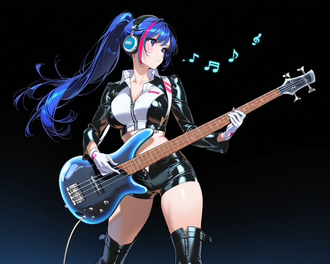 (1woman playing bass guitar),solo,standing,front angle,dynamic pose,big breasts,beautiful eyes,streaked hair,long ponytail,Open collar,glossy black leather long Sleeve bare hip unzipped cutouts on sides crop top,very short,dark leather shorts,white gloves,lovestruck,headphone,thighboots,musical notes,textures,detailed texture,very detailed face,masterpiece,best quality,good quality,very awa,very aesthetic,absurdres,newest,artist:yoneyama mai,<lora:cora:1>,