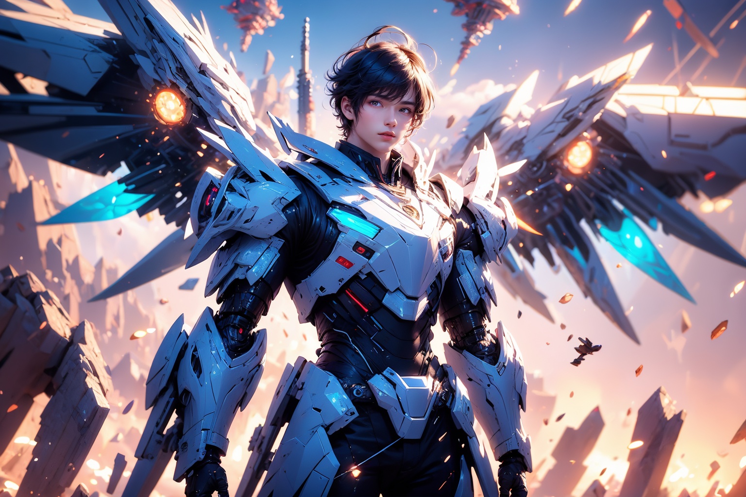 1boy,concept artwork,black hair,(a lonely solo boy:1.4),sky,wing,wings with fans,graphics card fan,strong male mecha warrior,mighty and domineering,cool mecha,32k,blue and white color scheme,white armor,white_background,standing,cowboy_shot,<lora:ASuo_v1:1>,