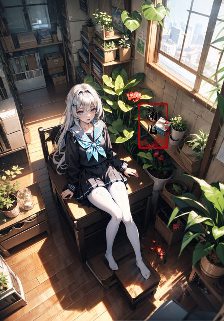 Epic CG masterpiece, an anime girl in a room with plants, no shoes, Black transparent pantyhose, pleated skirt, Sailor suit, sailor collar, in the style of photorealistic urban scenes, applecore, sandalpunk, high-angle, vacation dadcore, solarizing master1girl,  Milky skin, (shiny skin:1.4)，silk stockings，<lora:绪儿-阳光少女window:0.8>