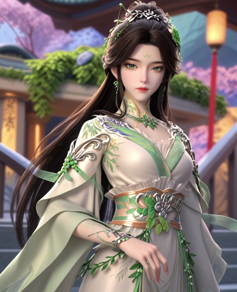 (oriental architecture, elegant decor, sophisticated style:1.1),(taking escalator,putting hand on handrail:1.1),(breasts:1.2),<lora:XL16叶罗丽青梧仙子:0.95>,miss qingwu,white tiered gown,green eyes,facial mark,eye foils,black hair,half-up crown with long cascading hair,hair ornament,very long hair,jewelry,green shawl,sash,, score_9,score_8_up,score_7_up,score_6_up,score_5_up,score_4_up,3d rendering,tag1,tag2, Cinematic Lighting,backlighting,