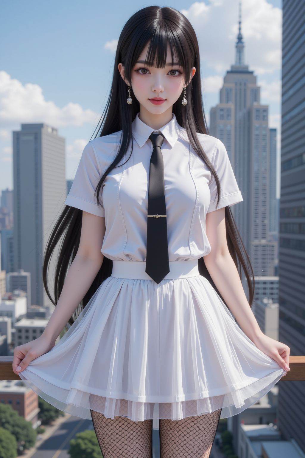 1girl, black hair, large breasts, breasts, building, city, cowboy shot, earrings, fishnet legwear, fishnets, jewelry, lips, long hair, looking at viewer, necktie, outdoors, pantyhose, see-through, shirt, skirt, skyscraper, solo, white see-through pleated skirt, pull the skirt up.