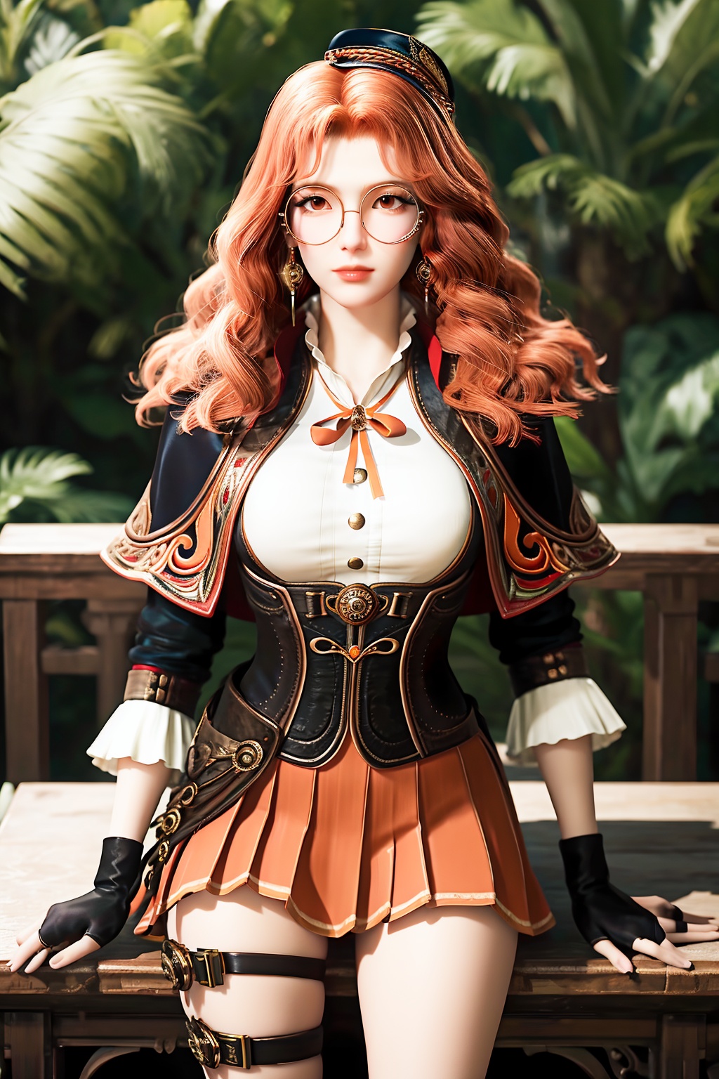 (best quality,masterpiece:1.2),ultra detailed,8k,RAW photo,realistic,photorealistic,ultra-detailed,intricate detail,extremely detailed,delicate pattern,looking at viewer,<lora:C_绝世唐门_橘子_JUNE:0.7>,1girl,solo,juzi,hat,glasses,long hair,jewelry,earrings,curly hair,wavy hair,round eyewear,mini hat,orange hair,belt,ribbon,capelet,long sleeves,corset,skirt,fingerless gloves,thigh strap,standing,sitting,
