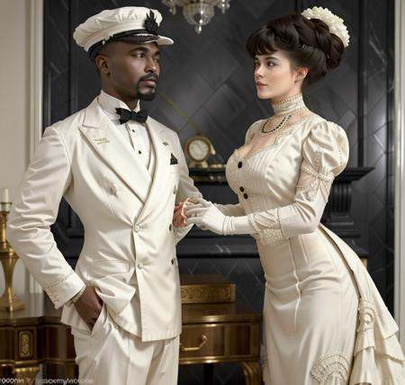 a sexy white woman in a dress tempting and seducing a black African milkman wearing a white suit 1905_dr3ss on Tensor.Art