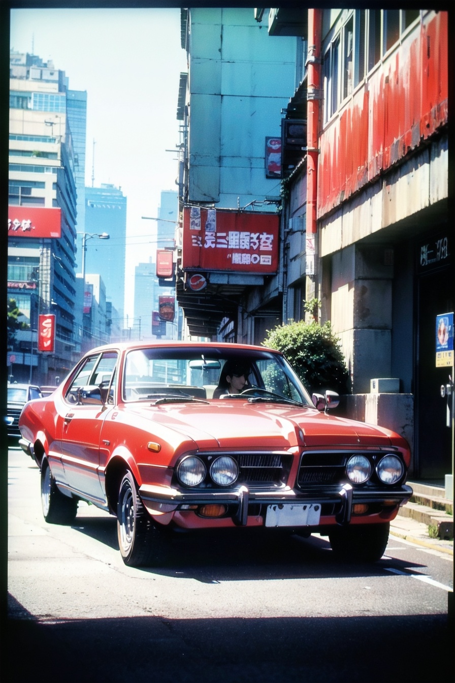 (1970s (style) retro artstyle:1.25) old city night central freeway highwayJapanese classic carpastel color looking at view...