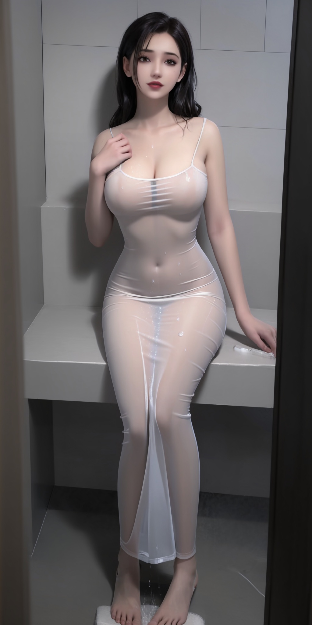 1girl,solo,perfect face,look at viewer,sitting,shower head,hand on own chest,large breasts,cleavage,covered nipples,spaghetti strap,white dress,see-through,see-through silhouette,covered navel,barefoot,showering,shower head,water,wet clothes,wet dress,bathroom,masterpiece,best quality,highly detailed,