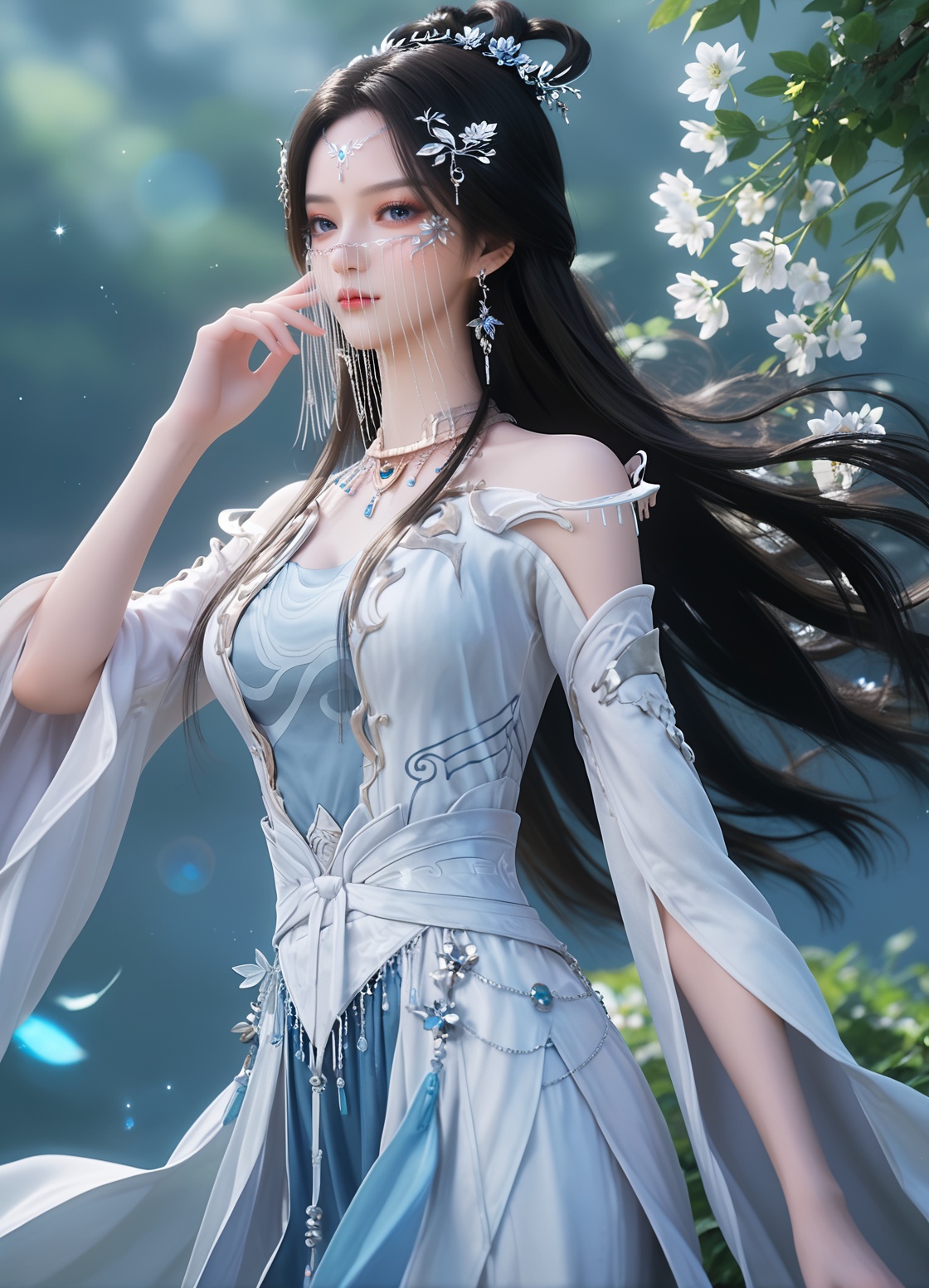 score_9,score_8_up,score_7_up,detail clothes,best quality,sfw,censored,simple background,<lora:安妙依-遮天-Pony-000012:0.7>,anmiaoyi,1girl,dress,solo,necklace,earrings,makeup,mouth veil,looking at viewer,facial mark,long hair,side slit,wind lift,hand on hair,expressionless,pale skin,skinny,sparkle,(glowing),shiny skin,outdoors,flower,(floral background:1.1),side view,BREAK rim light,face the light,lens flare,