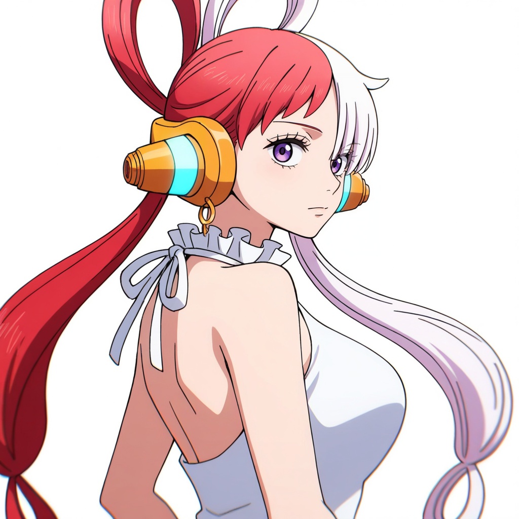 depth of field,masterpiece,best quality,very aesthetic,alternate costume,alternate costume,2024,2023,perfect composition,ultra-detailed,extreme aesthetic,masterpiece,best quality,good quality,newest,year 2024,year 2023,very aesthetic,absurdres,looking_at_viewer,colorful,1girl,solo,dress,breasts,jewelry,large breasts,earrings,bare shoulders,sleeveless,halterneck,looking at viewer,41,white_background,simple background,upper_body,<lora:乌塔:0.8>,Uta,Uta (one piece),Uta one piece,1girl,solo,split-color hair,red hair,two-tone hair,headphones,multicolored hair,hair rings,long hair,purple eyes,white hair,