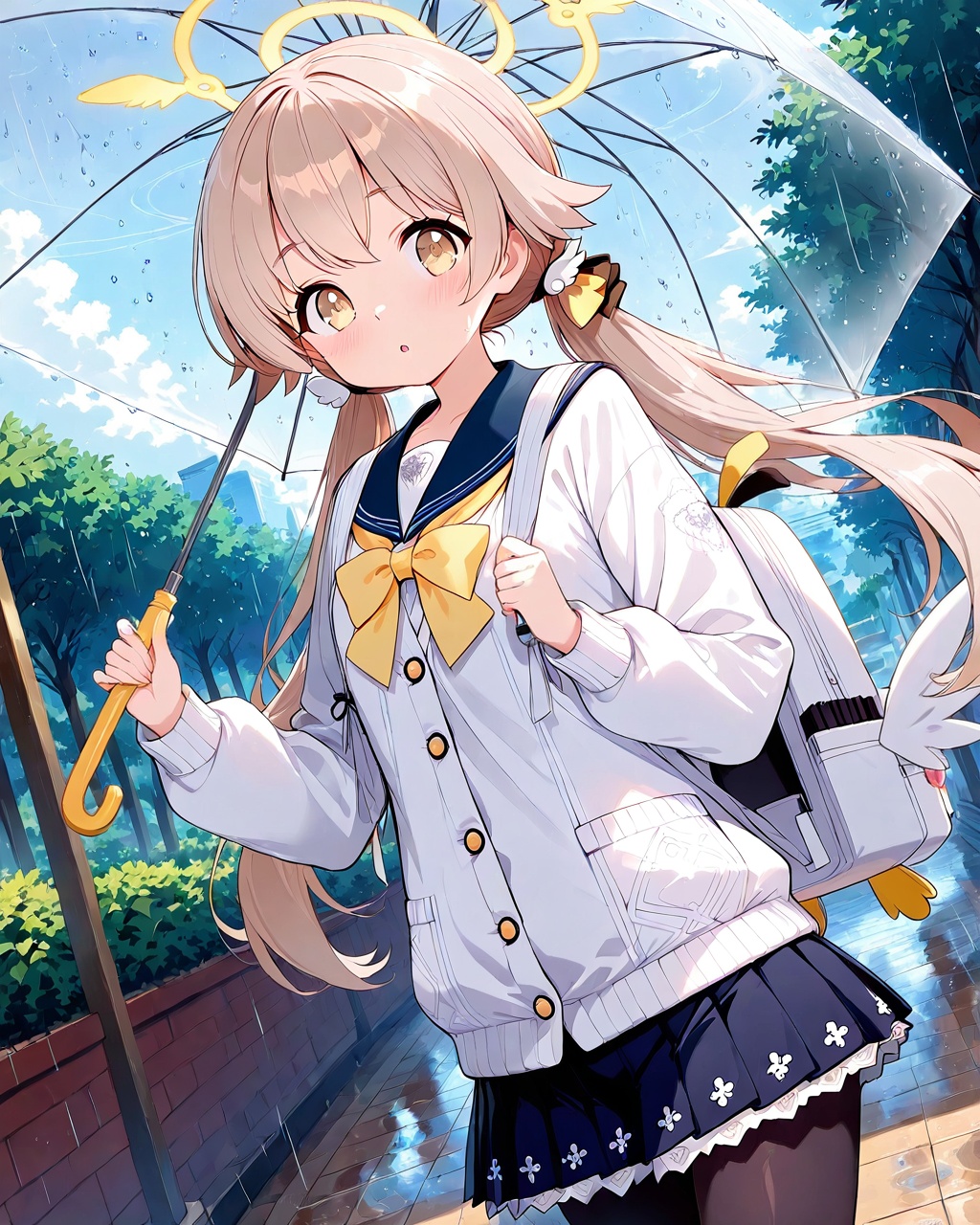 O,ultra detailed anime texture,1girl, solo, pantyhose, skirt, twintails, umbrella, hifumi (blue archive), school uniform, long hair, holding, halo, black pantyhose, sailor collar, pleated skirt, bag, yellow eyes, blush, rain, transparent umbrella, looking at viewer, holding umbrella, blue skirt, cardigan, long sleeves, bangs, outdoors, hair between eyes, low twintails, serafuku, cloud, blue sailor collar, parted lips, bow, backpack, transparent, very long hair, sky, cloudy sky, white cardigan, :o, light brown hair, yellow bow,(UHD),anatomically correct,accurate,textured skin,super detail,high details,award winning,best quality,high quality,retinal,HD,16k,1080P,
