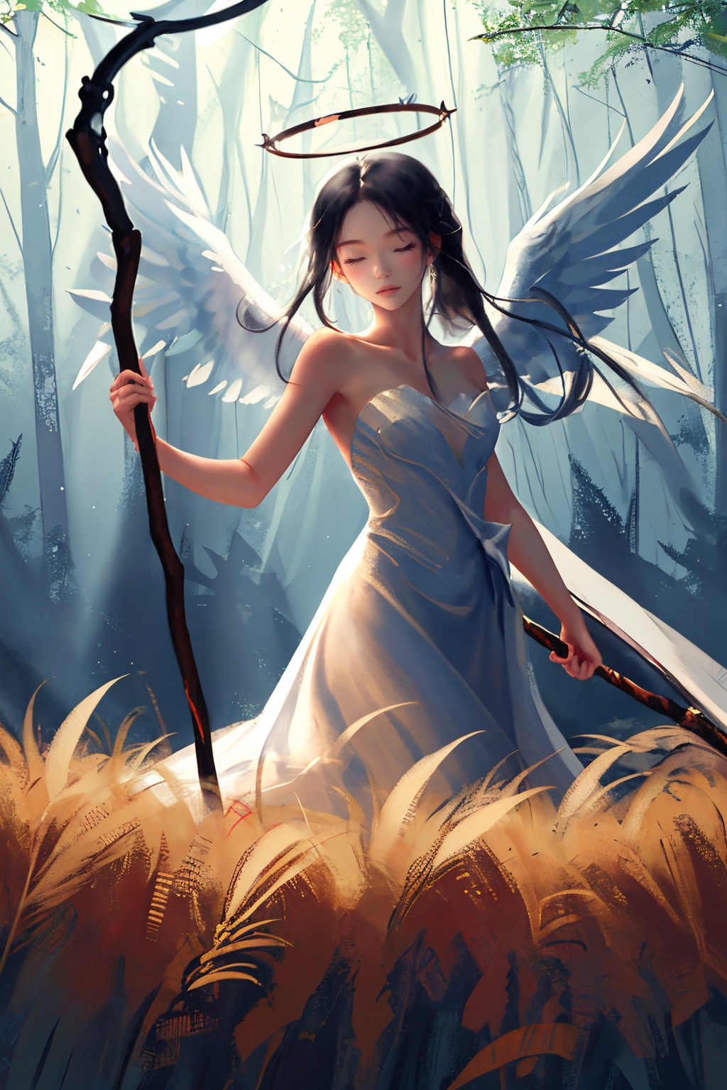 huiren01,1girl,wings,halo,long hair,solo,dress,angel,angel wings,holding,white dress,black hair,bare shoulders,scythe,feathered wings,nature,forest,staff,closed eyes,strapless dress,strapless,weapon,<lora:guiren1.5:0.8>,, masterpiece, best quality,