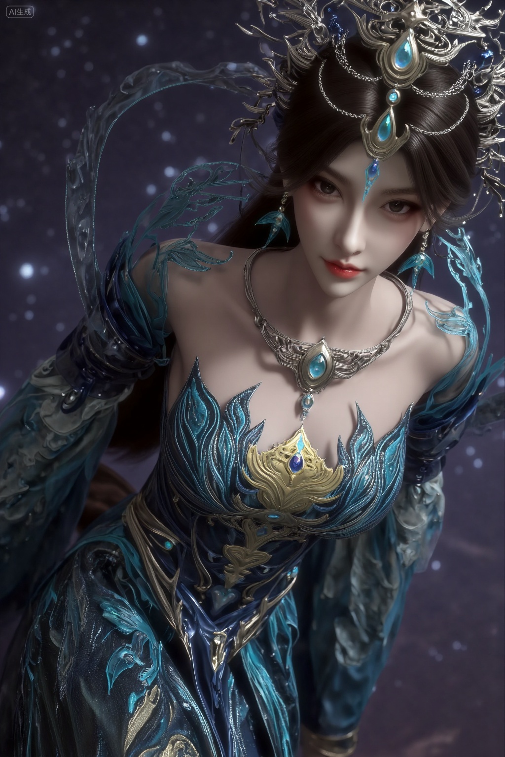 Digital CGI artwork of a slender,fair-skinned woman with long brown hair,wearing an ornate,flowing blue and gold dress with intricate patterns,and a matching headpiece. She poses gracefully against a starry night sky background,exuding elegance and ethereal beauty.,, masterpiece,best quality,astonishing quality,ultimate aesthetics,absurd,best quality,ultimate aesthetics,masterpiece,emotional masterpiece,extraordinary above all,mastery of details,, Negative prompt: ng_deepnegative_v1_75t,(badhandv4:1.2),EasyNegative,(worst quality:2),,nsfw, Steps: 30, Sampler: DPM++ 2M, CFG scale: 3.5, Seed: 1974272356, Size: 1024x1536, Model hash: 062dad72b2, Model: 麦橘超然majicFlus_v1.safetensors, Denoising strength: 0, RNG: CPU, Lora 1: 20250818-1755535685144-0013, Lora Hash 1: 68527fd6dd, Lora Weight 1: 1.0, Controlnet 0: "preprocessor: depth_anything, model: InstantX-FLUX.1-dev-Controlnet-Union-Pro-2.0, weight: 0.6, starting/ending: (0.0, 0.6), resize mode: Crop and Resize, pixel_perfect: False, control mode: Balanced, preprocessor params: (512, None, None)", vae_name: automatic