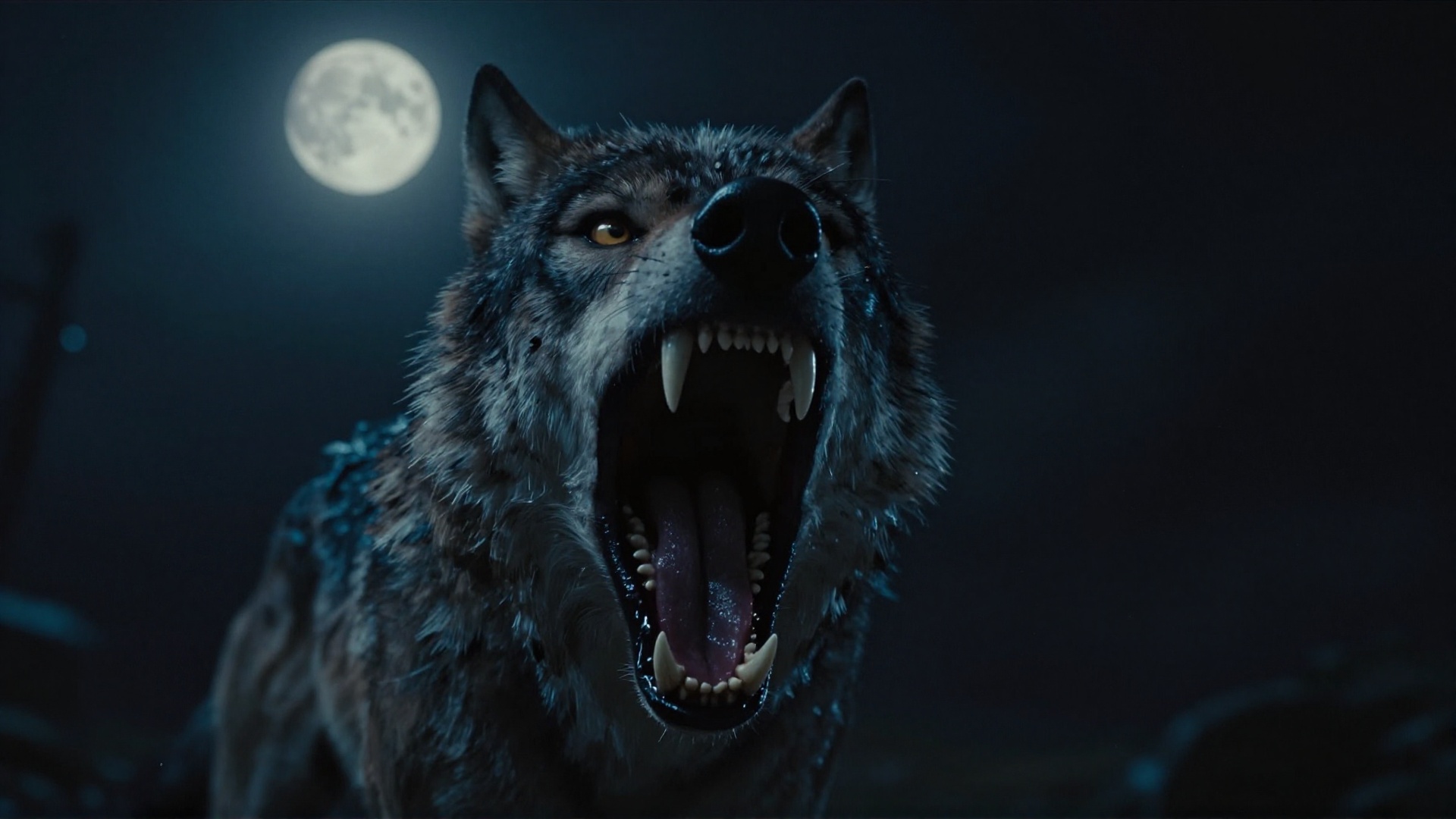 cinematic film still of cinematic style,  In 3D rendering style,  a dark themed image of a angry wolf with its mouth open...