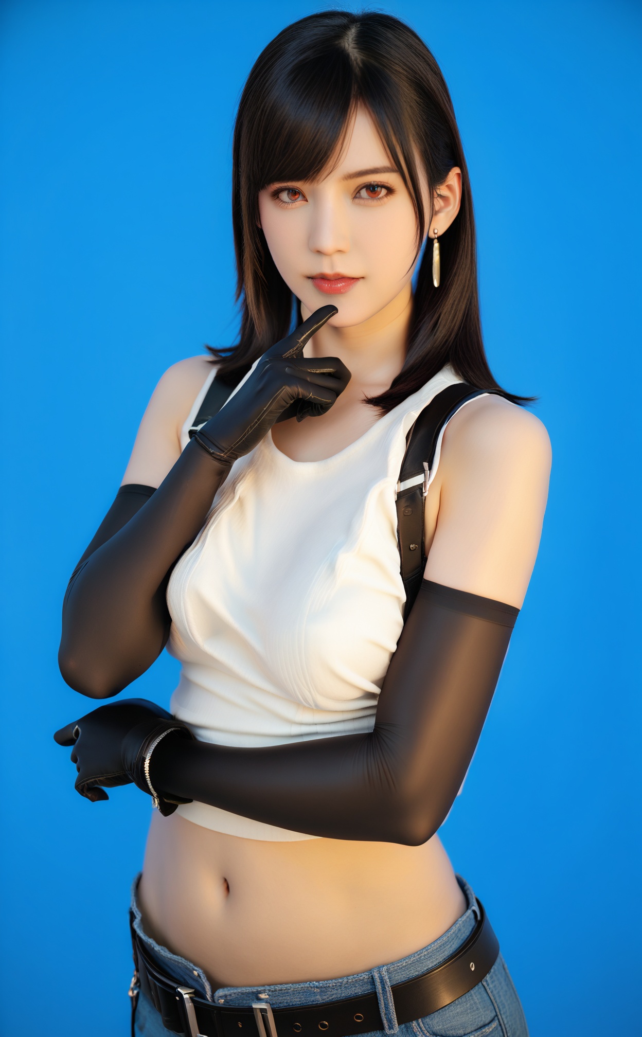 (masterpiece),(best quality),realistic,octane render,3D CG,1girl,tifa lockhart,solo,crop top,jewelry,gloves,navel,earrings,long hair,midriff,brown eyes,**** top,black hair,breasts,blue background,elbow gloves,white **** top,looking at viewer,upper body,hand on own chin,belt,realistic,lips,suspenders,denim,black gloves,dangle earrings,cosplay,closed mouth,medium breasts,simple background,arm under breasts,bare shoulders,swept bangs,