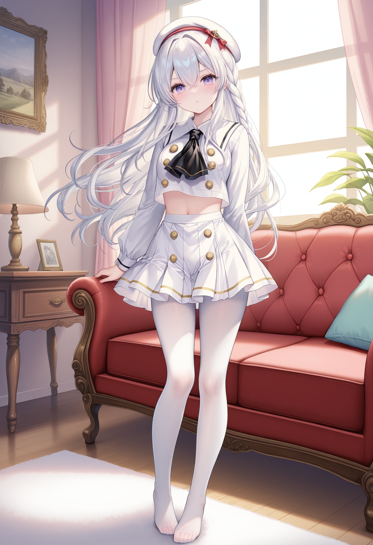 masterpiece, best quality, newest, absurdres, highres,(torino aqua: 0.5),(nibiiro shizuka:0.4),(rimuu:0.5),(mignon:0.5),(sheya:0.4), Mai(Ensemble), purple eyes, braid, long hair, white hair, hair between eyes,janus(school), white skirt, miniskirt,  crop top, long sleeves,school uniform, white serafuku, neckerchief,white pantyhose,looking at viewer, full body, no shoes, standing,living room,    <lora:maiXLNAI:1>,<lora:Janus(Uniform)XLNAI:1>