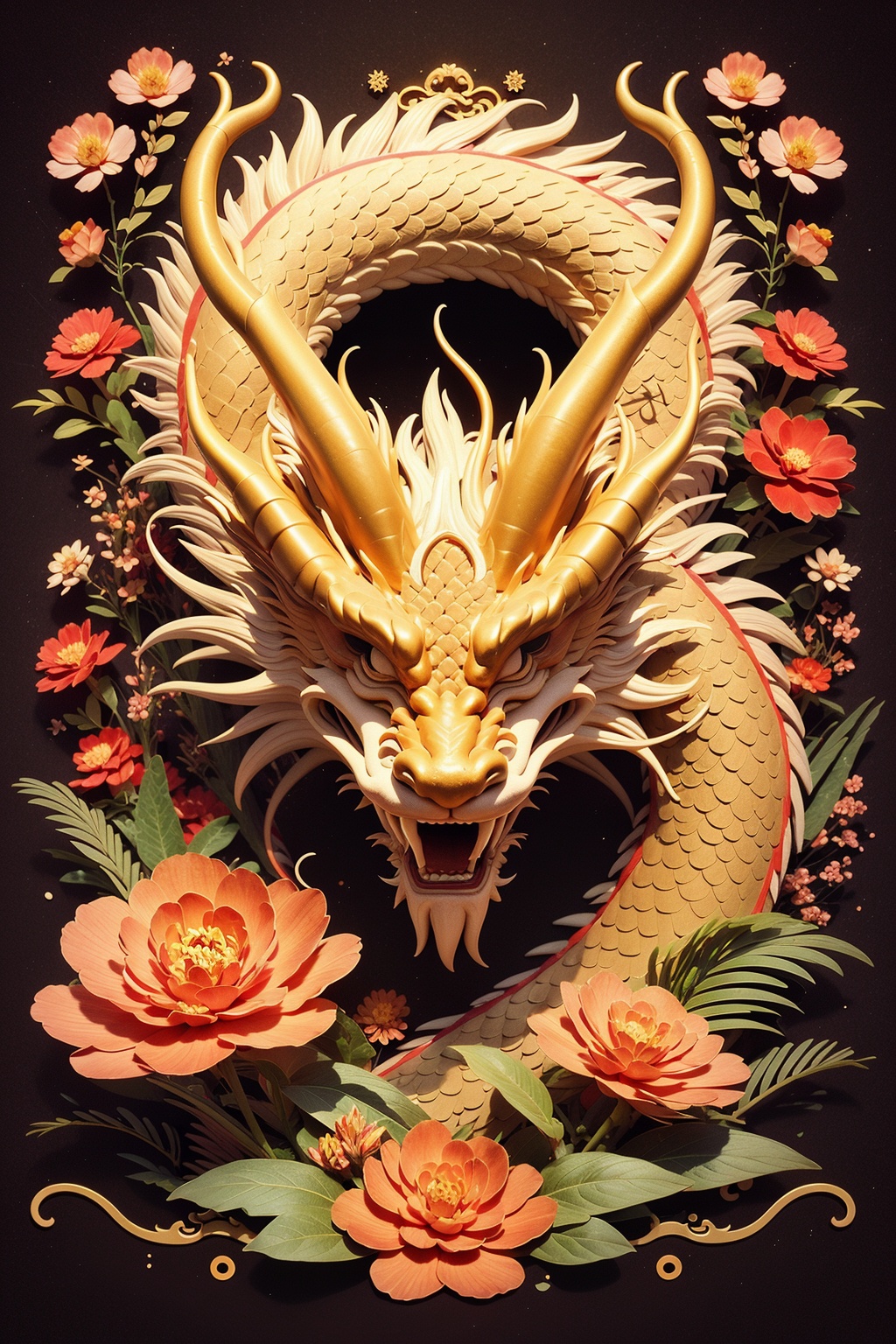 Chinese dragon illustration style,goldn theme,goldn dragon,red background,goldn hair,front view,plant,cloud,flower,(best quality:1.2)