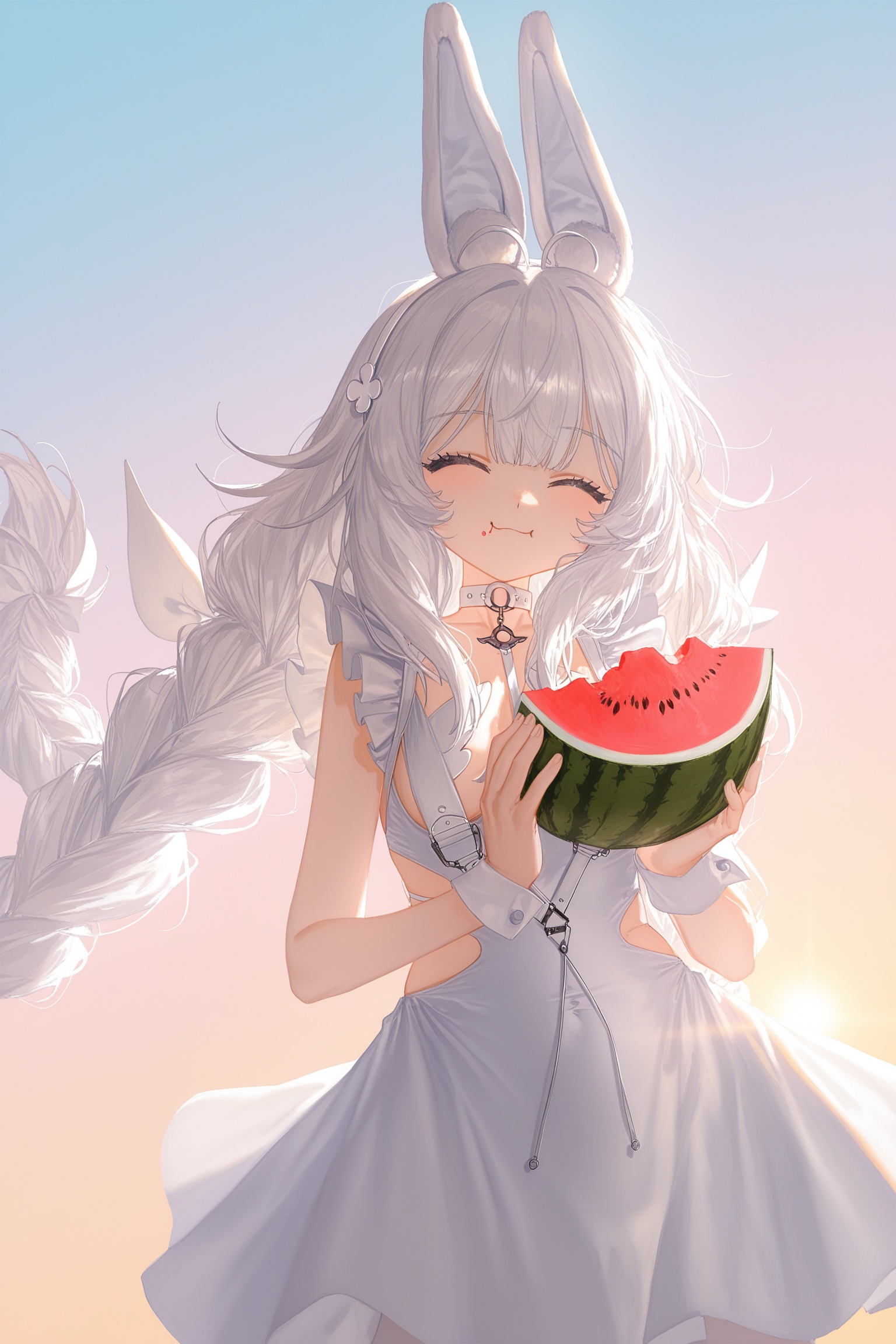 masterpiece,best quality,good quality,1girl, le malin \(listless lapin\) \(azur lane\),anime character,dynamic angle,a girl eating a small slice of watermelon with both hands,white tiger ears,hair flaps,cute,happy,joy,beautiful aesthetic,long hair,fluffy white hair,floating hair,sunlight,gradient sky,natural image,happy,summer dress,closed eyes,[close up],smile,[drool],kawaii BREAK wide shot,perspective,pastel color background,vivid color,(simple background),(by tianliang duohe fangdongye),[by quasarcake],