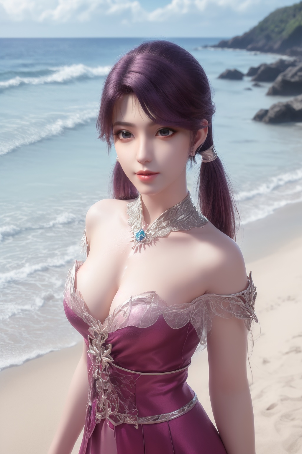 photo_\(medium\),(8k, RAW photo, best_quality),(masterpiece:1.2),(realistic:1.2),(photorealistic:1.3),(ultra-detailed),(extremely_detailed_cg_8k_wallpaper),(crystal_texture_skin:1.3),(shiny:1.2),(shiny_skin:1.4),(extremely_delicate_and_beautiful),shenfengLingLuoChen,1girl,solo,armor,purple dress,skirt,detached collar,skirt,torogao,bare shoulders,twintails,Cleavage,standing,jewelry,hair ornament,lips,earrings,necklace,realistic,looking at viewer,Summer,Beach,Sea,sunshine,<lora:shenfengLuoYan_20240514203344-000005:0.7>,