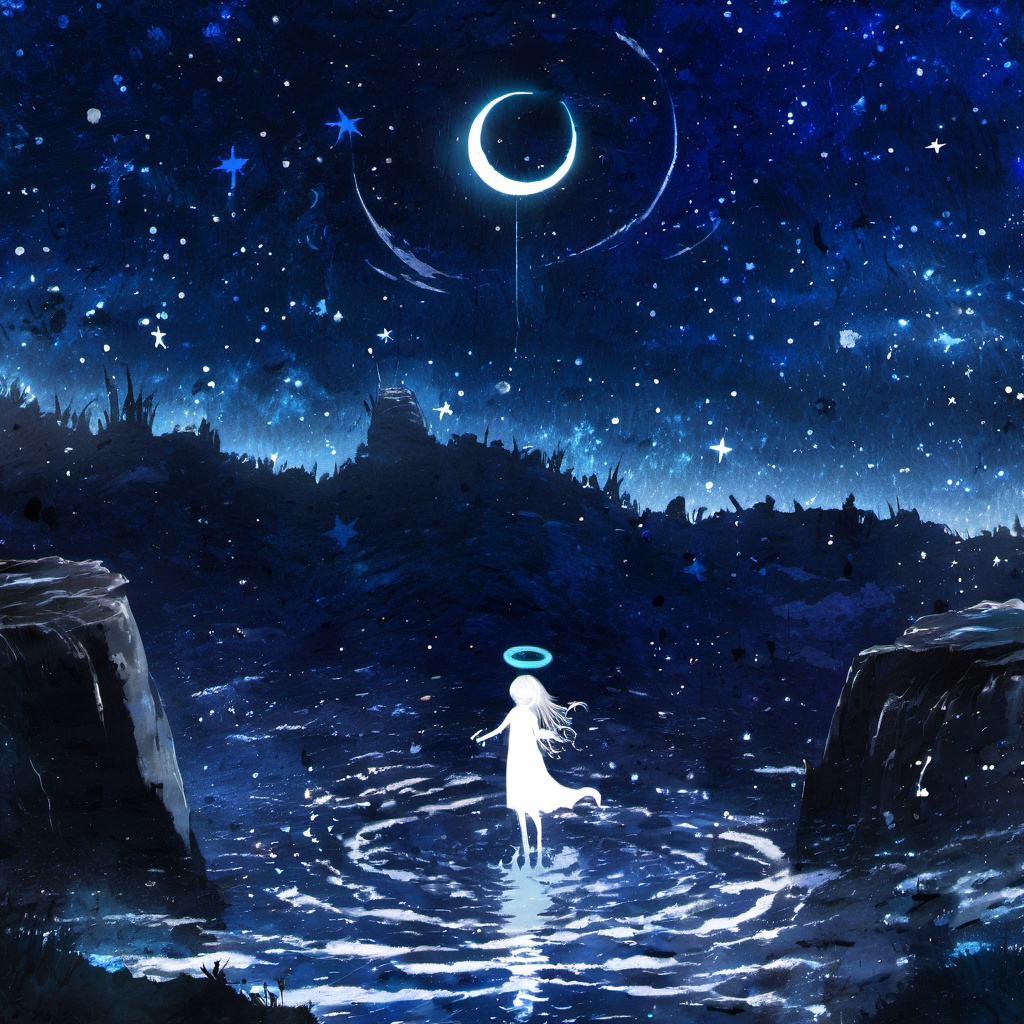 <lora:star_xl_v2:1>,a painting of a girl standing on a hill with a moon and stars in the sky above her head, 1girl, solo, dress, standing, outdoors, sky, water, white dress, night, glowing, halo, moon, star \(sky\), night sky, scenery, starry sky, silhouette, crescent moon, pillar, long hair, floating, blue theme, fantasy, The image portrays a serene nighttime scene with a silhouette of a female figure standing on a rocky terrain. She has a halo around her head, suggesting a celestial or ethereal nature. The sky is filled with stars, and there's a crescent moon visible in the top right corner. Above her, there are fish swimming in the vast expanse of the cosmos. The entire scene is bathed in a deep blue hue, giving it a dreamy and otherworldly ambiance., serene nighttime scene, silhouette of a female figure, halo around her head, stars, rocky terrain, fish swimming, deep blue hue