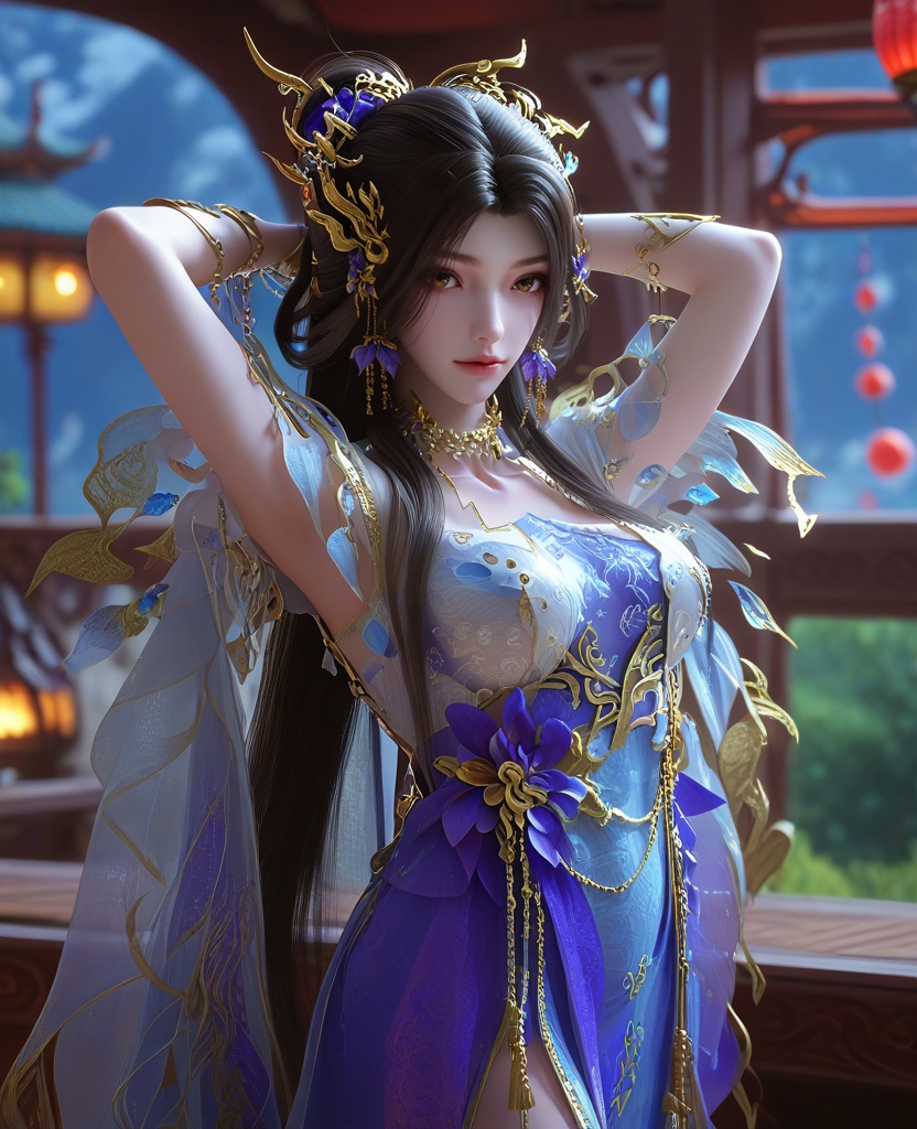 (oriental architecture, elegant decor, sophisticated style:1.1),(Arms behind head, on a wall,:1.1),(Diagonally from the front, giving a three-quarter perspective:1.1),(large breasts:1.2),<lora:XL16云深不知梦羲和第19集揽月湖:0.95>,miss xihe,white crop top,violet and blue tiered dress,brown eyes,black hair,long hair,draped looped buns,hair ornament,jewelry,earrings,bracelet,lantern,, score_9,score_8_up,score_7_up,score_6_up,score_5_up,score_4_up,3d rendering,tag1,tag2, Cinematic Lighting,backlighting,