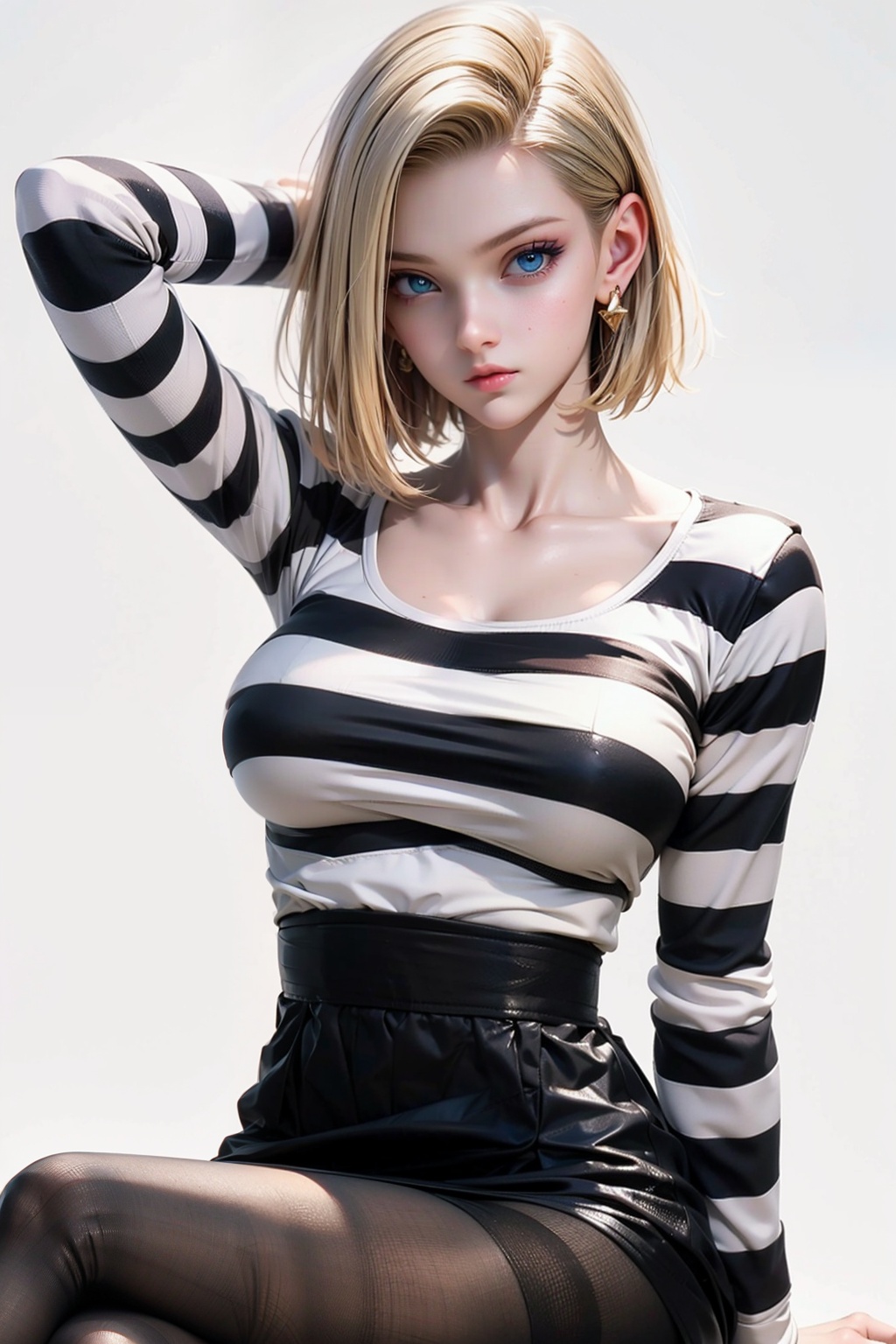1girl,android 18,solo,blonde hair,jewelry,breasts,blue eyes,earrings,crossed legs,pantyhose,sitting,looking at viewer,striped,striped shirt,long sleeves,striped sleeves,short hair,shirt,arm up,lips,simple background,large breasts,makeup,dress,arm behind head,nail polish,closed mouth,black dress,arm support,white background,high-waist skirt,bangs,collarbone,shiny,taut clothes,medium breasts,realistic,<lora:20240616-1718479415128:0.8>,, (Masterpiece, best quality, high quality, high-end, super detailed),
