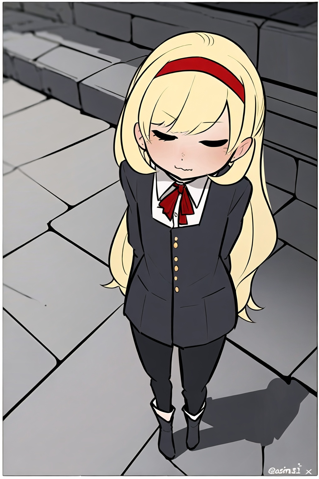 1girl,wsdxj,solo,ojousama,cuteg,red headband,red bowtie,full body,rejection,overlook,