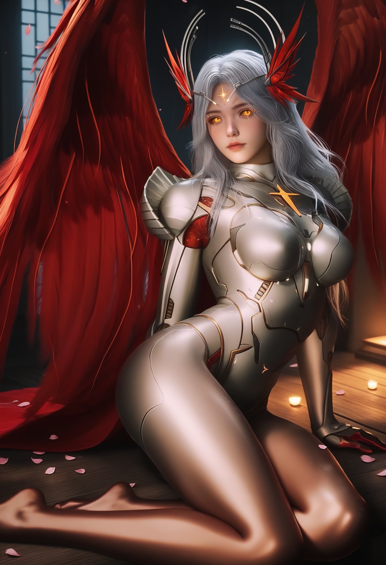 masterpiece,best quality,amazing quality,very aesthetic,high resolution,ultra-detailed,absurdres,scenery,photorealistic,(looking at viewer:1.1),(Dark room:1.3),(moody lighting:1.1),peach blossom,falling petals,(large breasts:0.8),xinghuanwang,1girl,solo,long hair,lips,grey hair,yellow eyes,armor,hair ornament,forehead mark,bodysuit,glowing eyes,shoulder armor,circlet,freckles,headgear,orange eyes,head wings,horns,breastplate,pauldrons,colored sclera,wings,red wings,feathered wings,feet BREAK photorealistic details,<lora:QQSillxinghuanwangV1:0.8>,