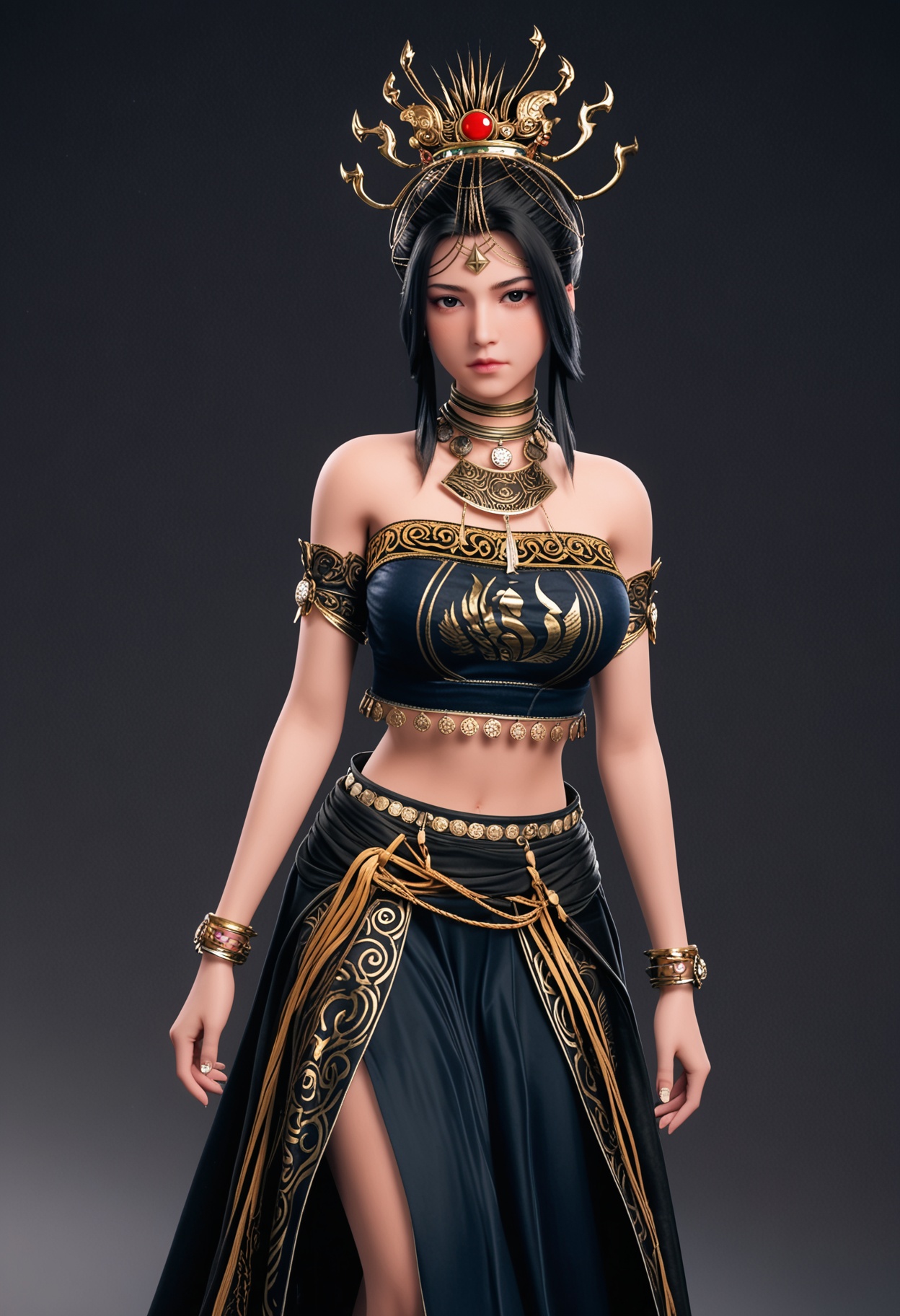 score_9,looking_at_viewer,upper body,(large breasts:0.8),1girl,solo,black hair,black eyes,jewelry,bare shoulders,hair ornament,realistic,necklace,closed mouth,lips,midriff,bracelet,hair bun,strapless,dress,long hair,tube top,skirt,high heels,(simple background,pure black background,black background:1.1),perfect_anatomy,<lora:QQSponyhfdiaochanV1:0.8>,