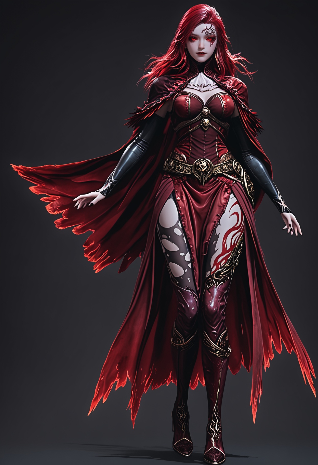 (cowboy shot:1.2),score_9,score_8_up,masterpiece,(best quality),intricate details,facing viewer,(looking at viewer:1.1),<lora:YQ_pony_maxiaotao_fuzhang2_V4:0.8>,q1528437228,1girl,solo,long hair,red hair,red eyes,dress,cape,belt,boots,jewelry,red dress,thighhighs,earrings,colored sclera,black sclera,high heels,torn clothes,tattoo,red cape,ascot,brown eyes,facial mark,gloves,armor,glowing eyes,red sclera,thigh boots,high heel boots,white ascot,black footwear,BREAK(score_9:1.2),(score_8_up:1.2),masterpiece,best quality,very aesthetic,perfect anatomy,(hourglass),perfect face,(simple background,pure black background,black background:1.1),fair_skin,(shiny_skin:1.1),Ivory_skin,