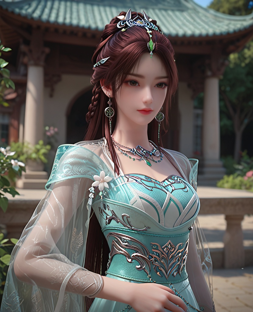 (oriental architecture, elegant decor, sophisticated style:1.1),Posing with arms wrapped around the body,,(breasts:1.2),<lora:XL完美世界叶倾仙:0.9>,miss yeqingxian,solo,see-through vest,green  corset,sash,see-through sleeves,see-through outerskirt with white petticoat underneath,brown eyes,brown hair,long hair,hair ornament,half updo,hanging hair,necklace,earrings,jewelry,, zPDXL2, score_9, score_8_up, score_7_up BREAK realistic, masterpiece,best quality, highly detailed,, zPDXL3, zPDXL2,zPDXL, zPDXLxxx, zPDXLrl,