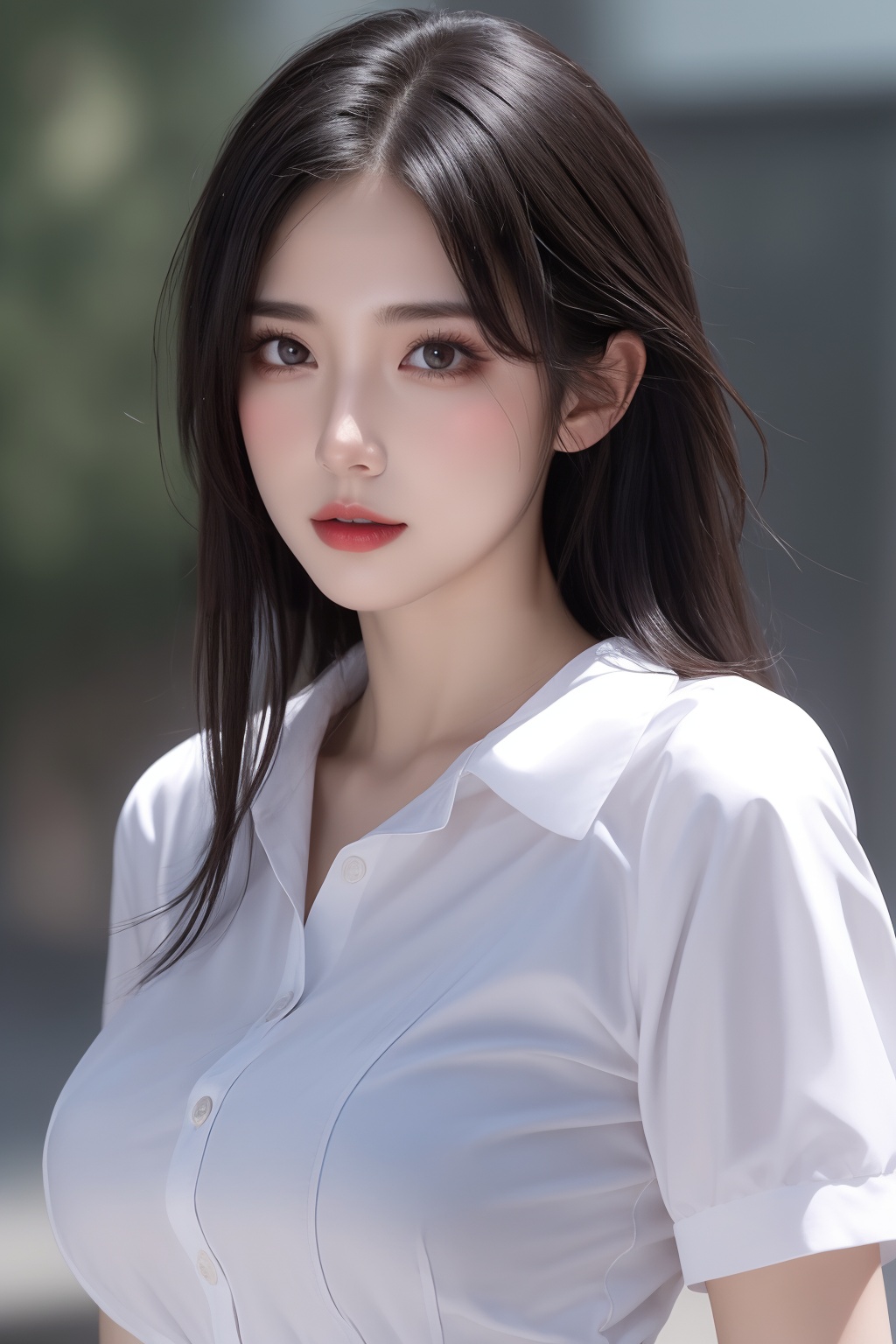 1girl, black hair, bra, bra visible through clothes, breasts, brown eyes, collared shirt, large breasts, lips, long hair, looking at viewer, nose, photorealistic, realistic, see-through, shirt, short sleeves, solo, underwear, upper body, wet clothes, wet shirt, white shirt, wing collar <lora:美女:0.8>